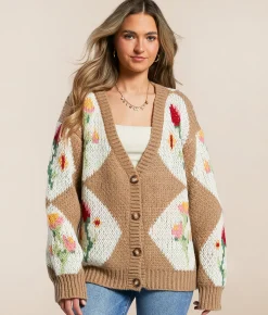 Bailey Rose Floral Patchwork Cardigan Sweater Tan Online