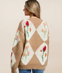 Bailey Rose Floral Patchwork Cardigan Sweater Tan Online