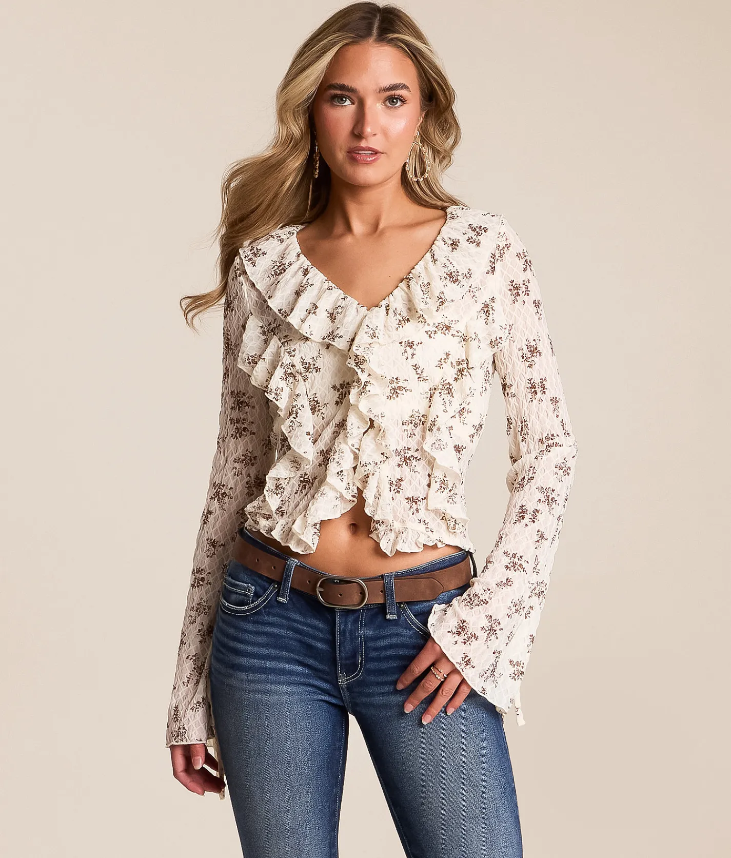 Willow & Root Floral Ruffle Cropped Top Ivory Taupe