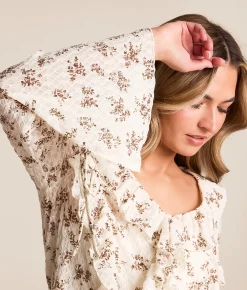 Willow & Root Floral Ruffle Cropped Top Ivory Taupe