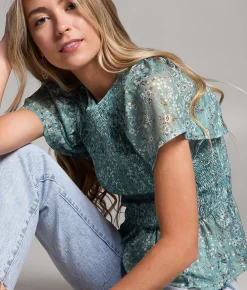 BKE Floral Ruffle Top Blue Sale
