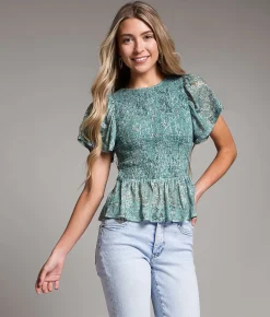 BKE Floral Ruffle Top Blue Sale