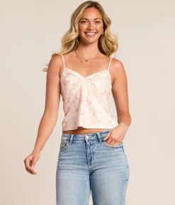 Willow & Root Floral Satin Cropped Tank Top Pink Best