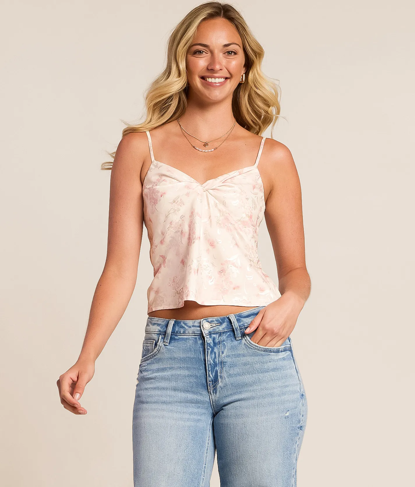 Willow & Root Floral Satin Cropped Tank Top Pink Best