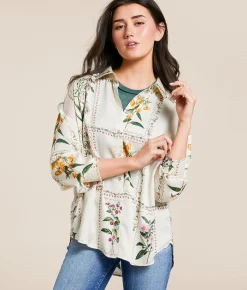 Daytrip Floral Satin Oversized Blouse Cream Multi Outlet