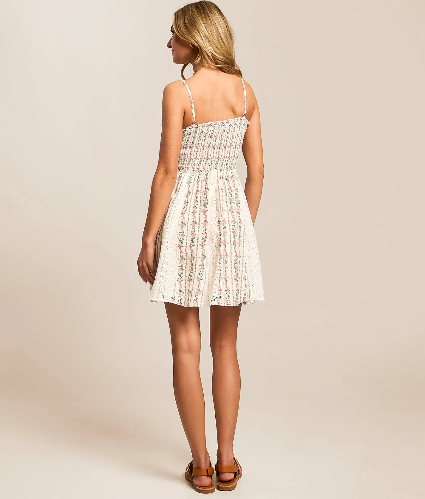 Willow & Root Floral Smocked Mini Dress Cream New