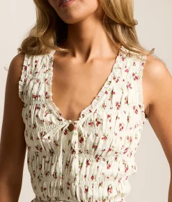 Tops | Willow & Root Floral Smocked Tank Top White Red