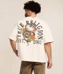 True Religion Floral Snake Oversized T-Shirt Winter White New