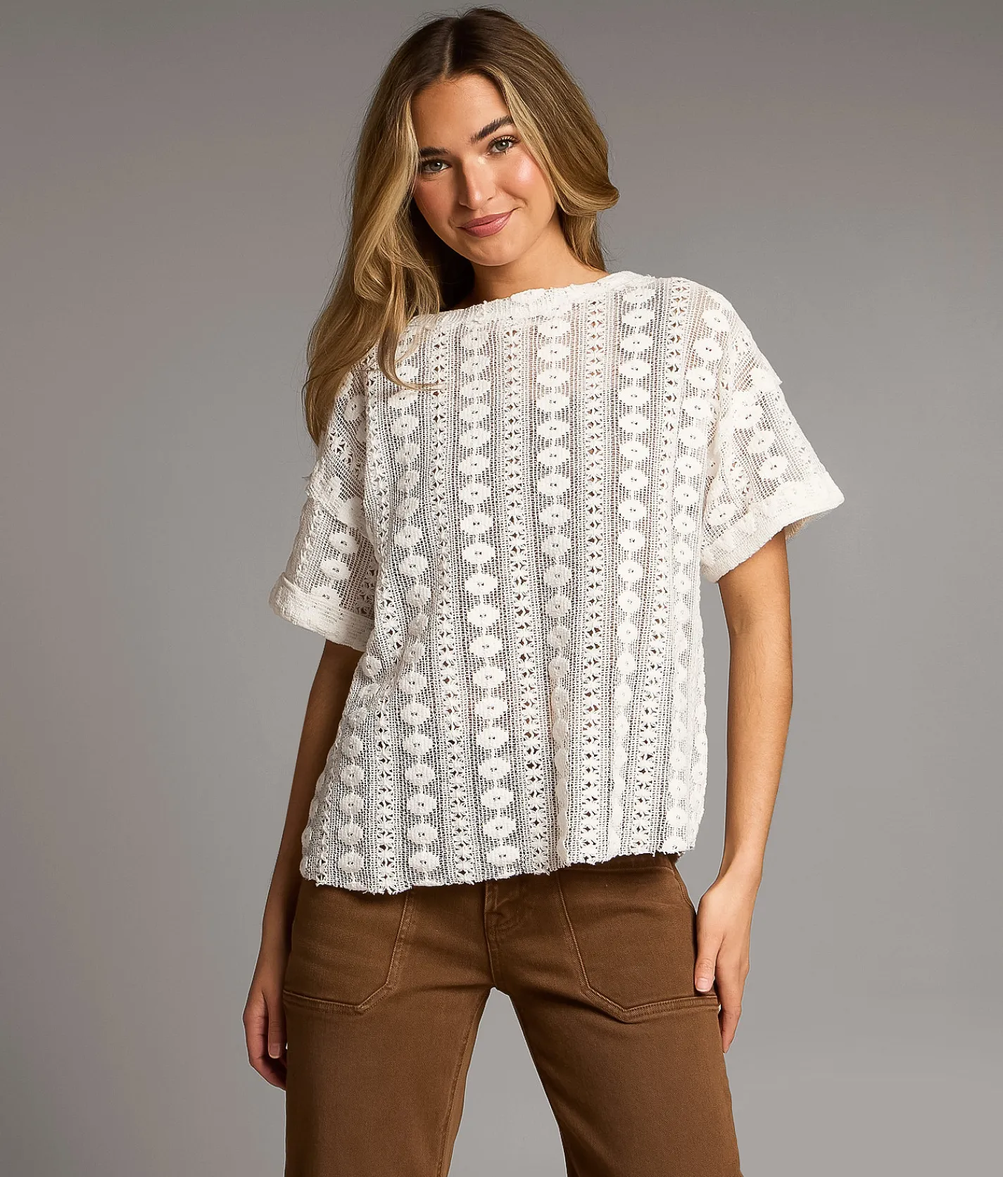 BKE Floral Stitch Crochet Top White Hot
