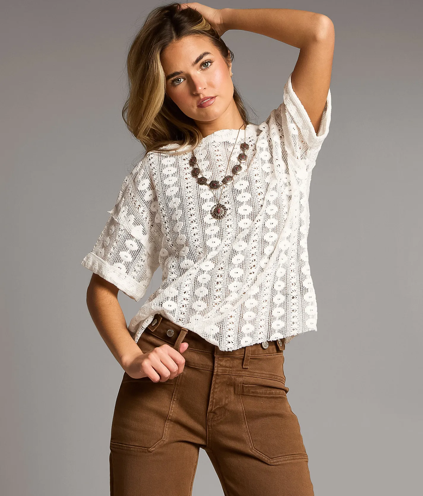 BKE Floral Stitch Crochet Top White Hot