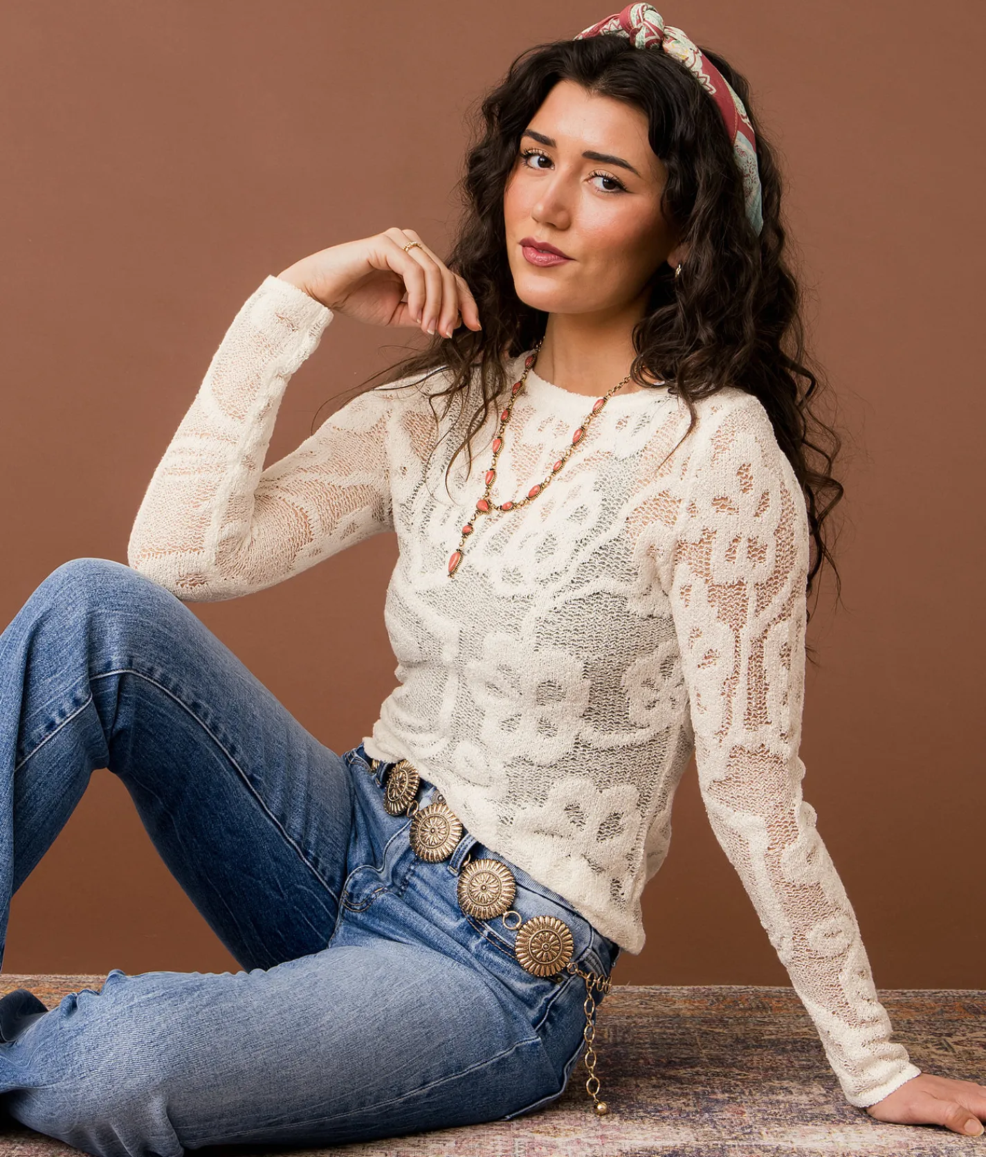 Tops | Gimmicks Floral Stitch Sweater Cream