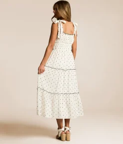 Willow & Root Floral Swiss Dot Tiered Midi Dress Cream Black Discount