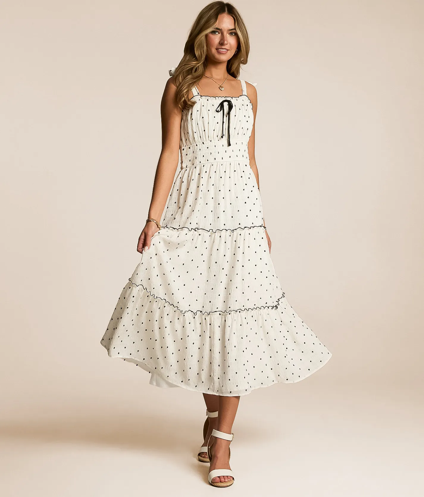 Willow & Root Floral Swiss Dot Tiered Midi Dress Cream Black Discount