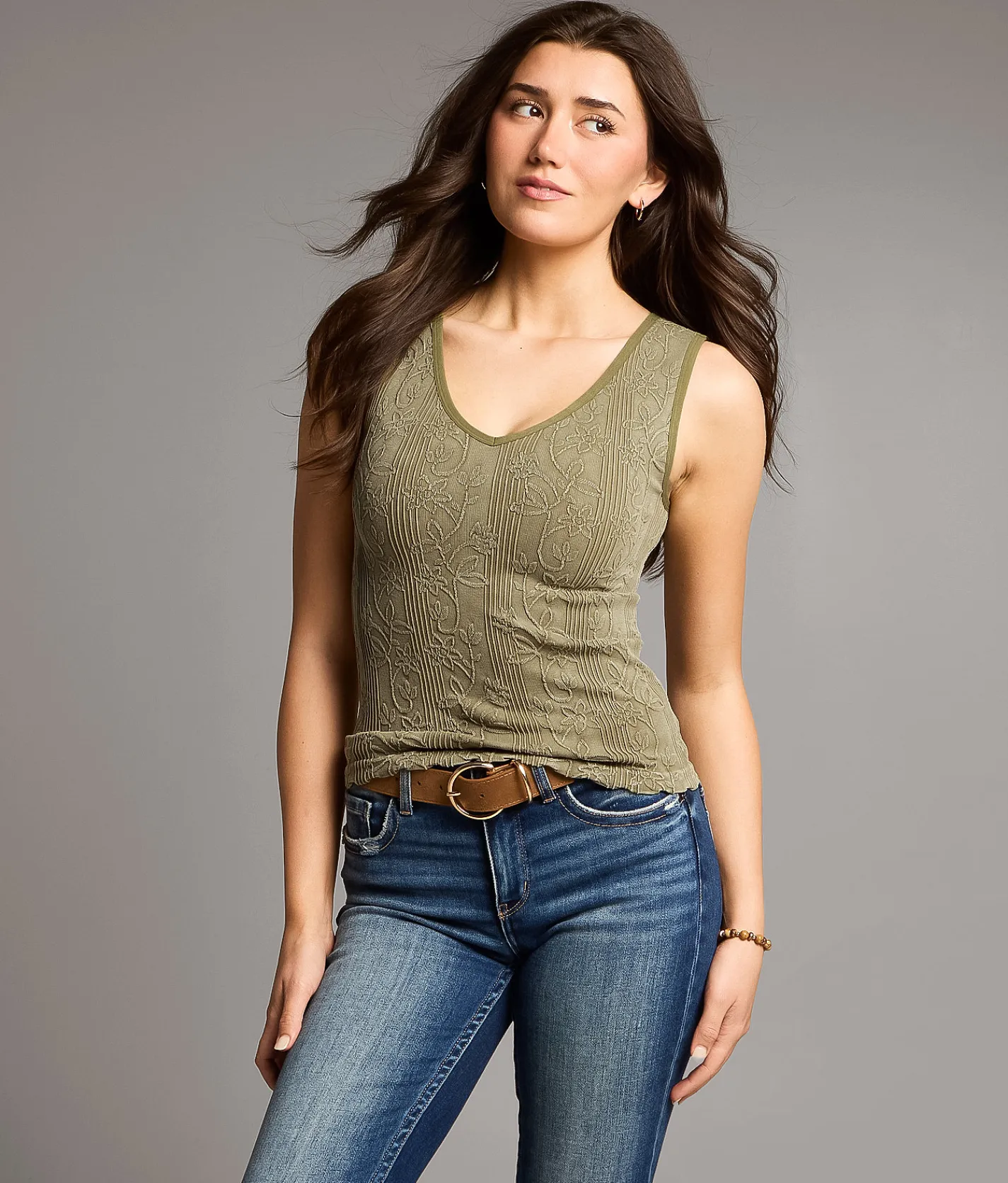 Tops | BKE core Floral Textured Tank Top Aloe