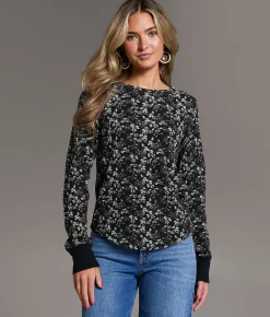 BKE Floral Thermal Top Black White Taupe Outlet