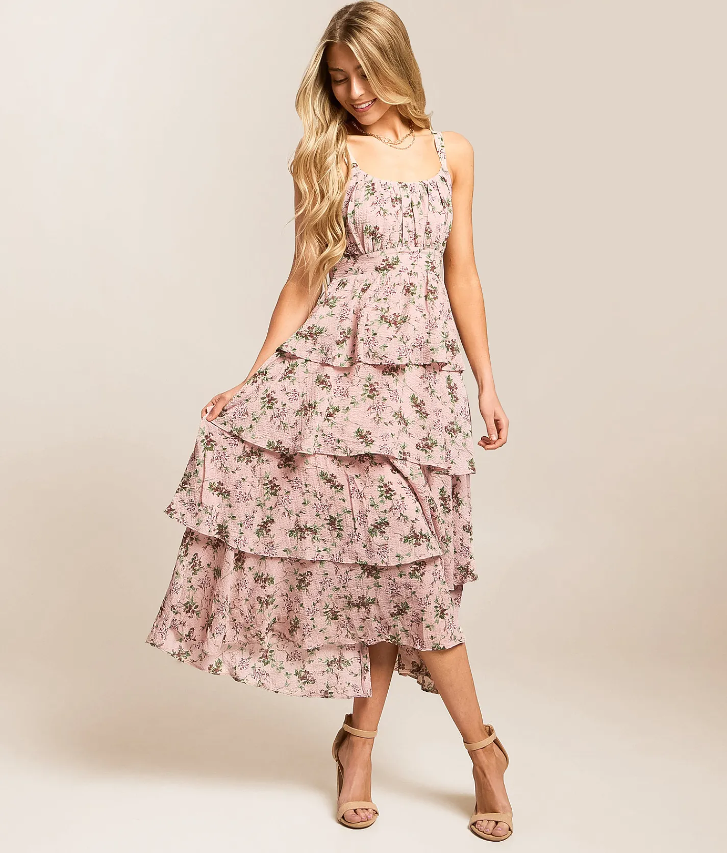 Dresses | Willow & Root Floral Tiered Midi Dress Mauve