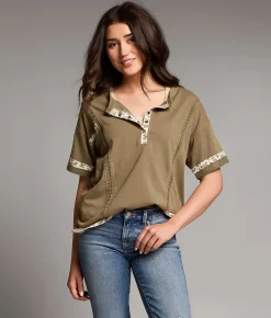 BKE Floral Trim Henley Top Vetiver Discount
