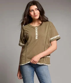 BKE Floral Trim Henley Top Vetiver Discount