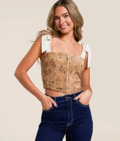 Willow & Root Floral Velvet Corset Cropped Tank Top Beige Multi Clearance