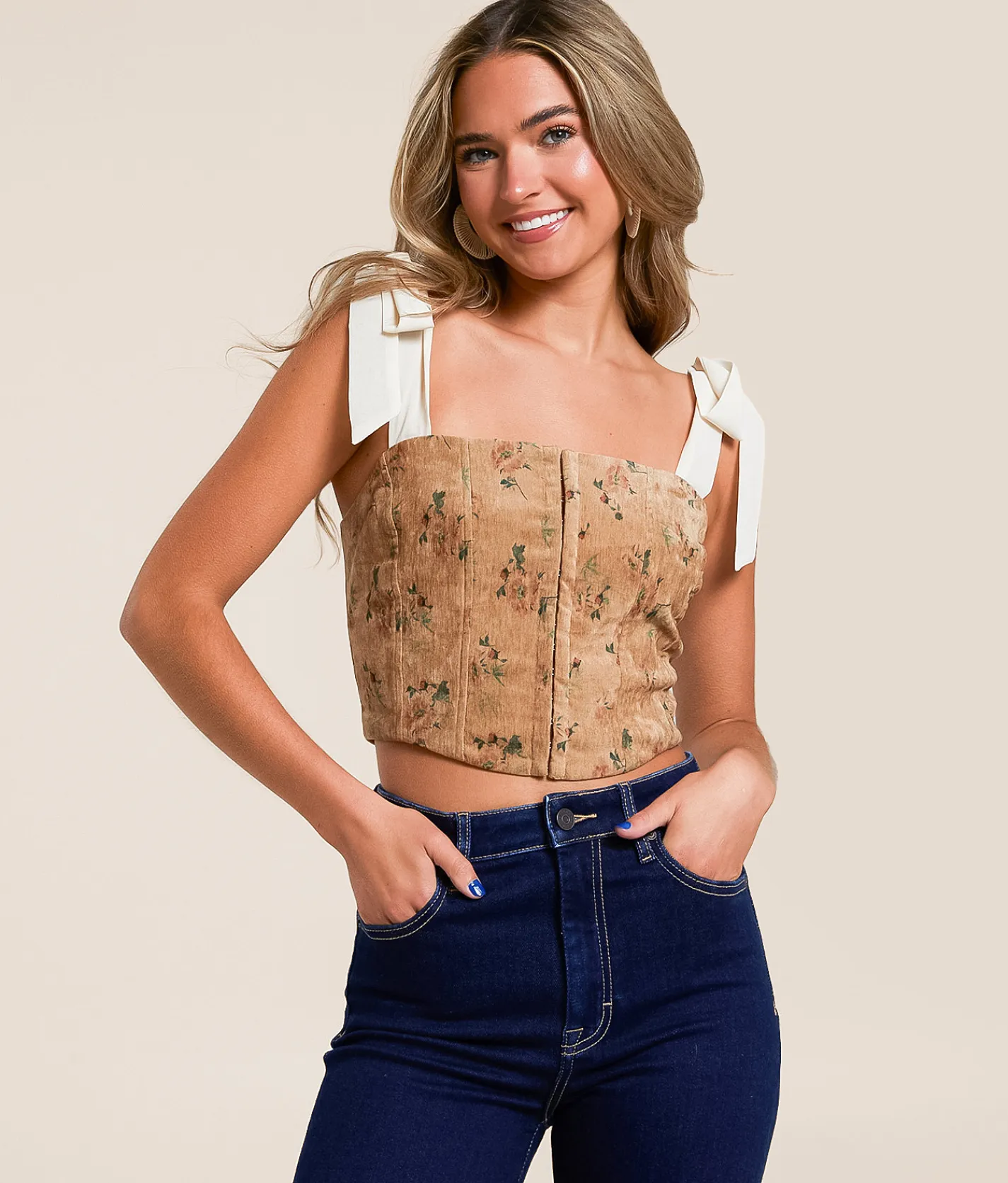 Willow & Root Floral Velvet Corset Cropped Tank Top Beige Multi Clearance