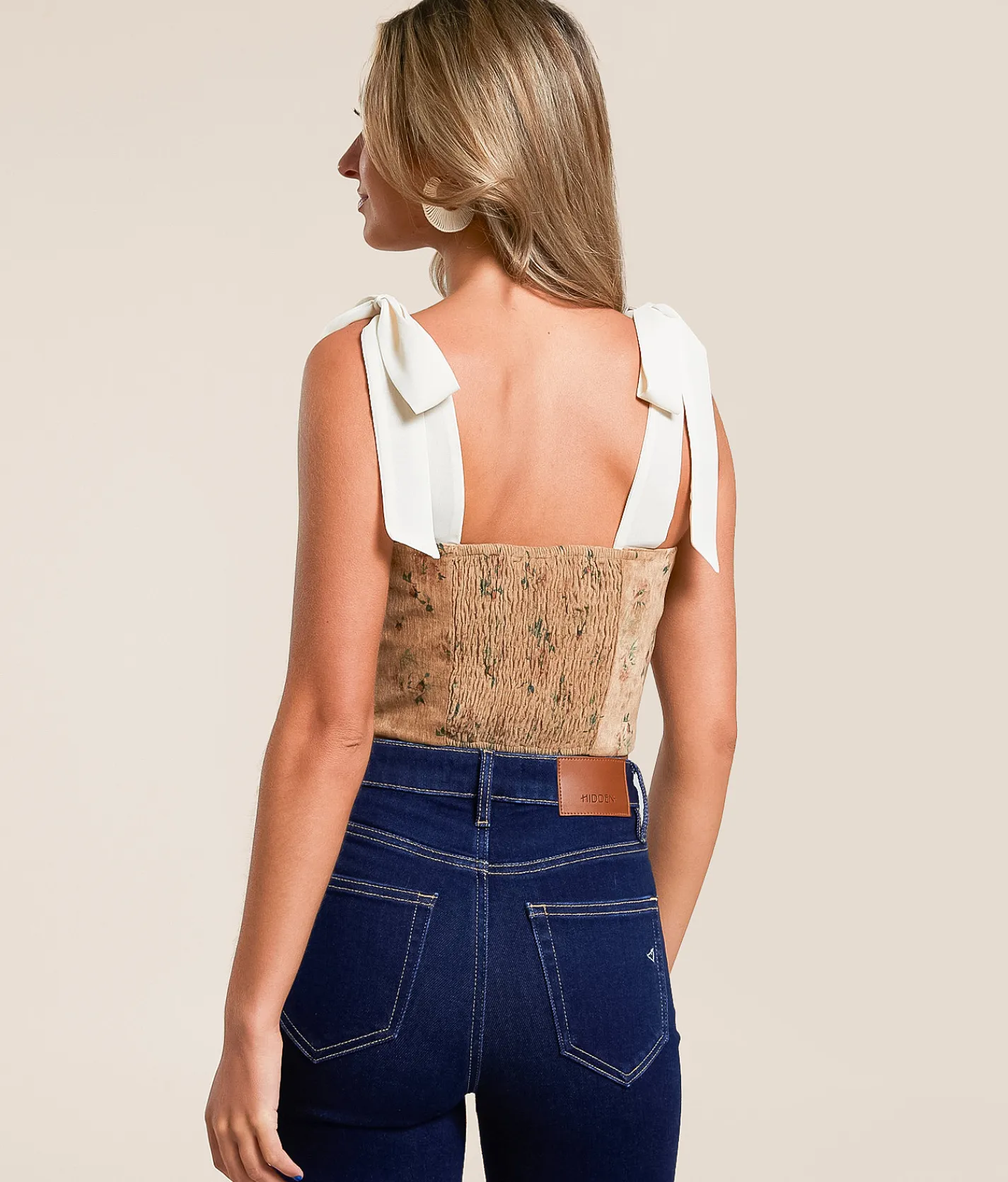 Willow & Root Floral Velvet Corset Cropped Tank Top Beige Multi Clearance