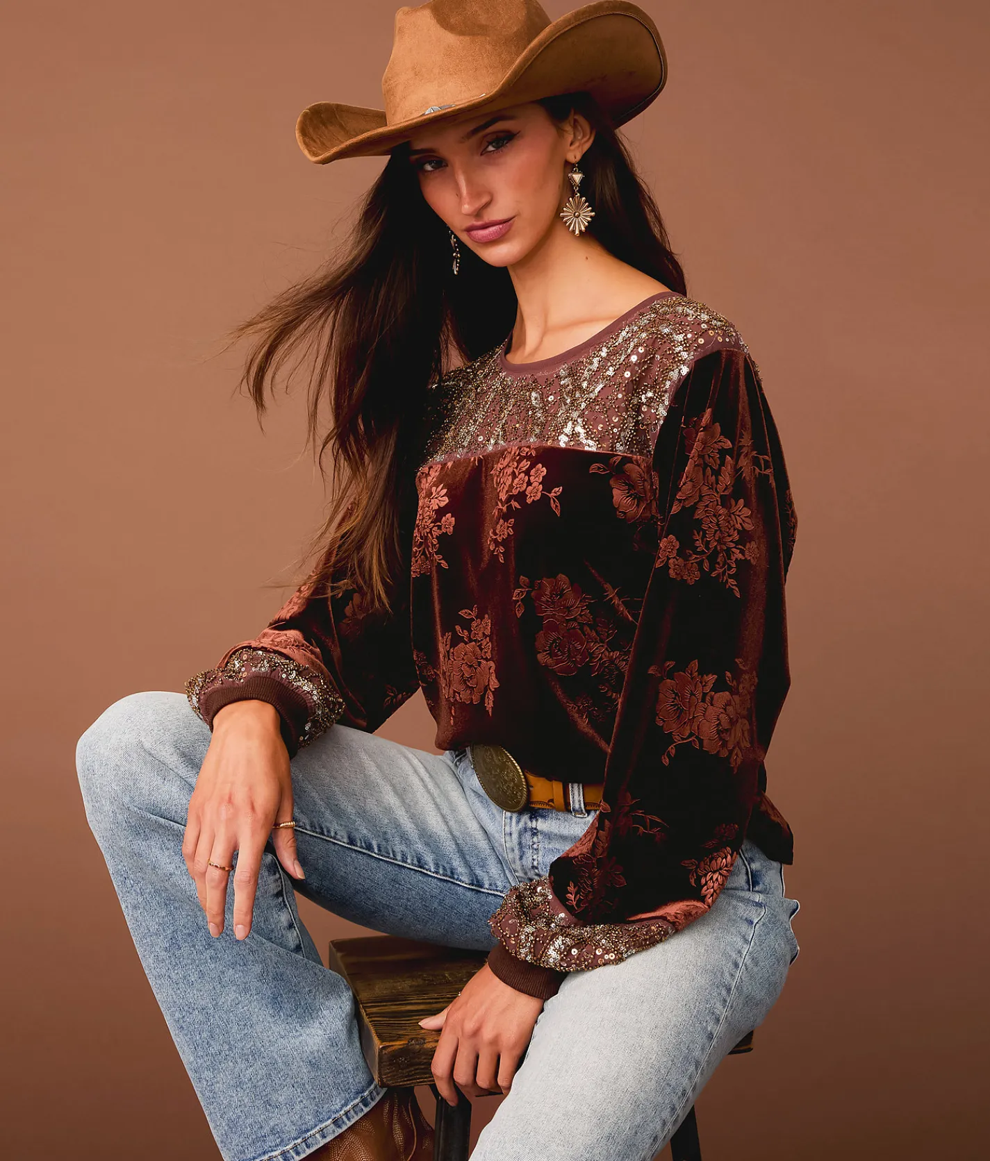 Tops | Sterling & Stitch Floral Velvet Top Rum Raisin