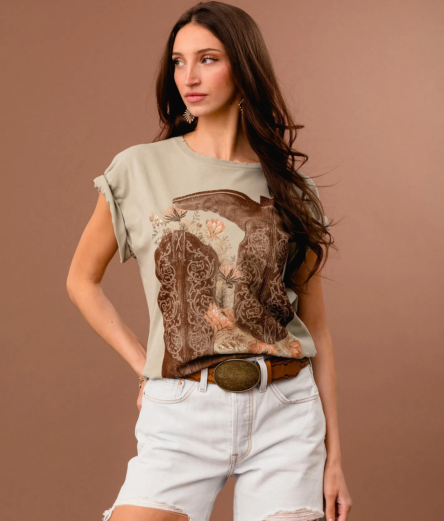 Tops | Sterling & Stitch Floral Western Boot Oversized T-Shirt Seagrass
