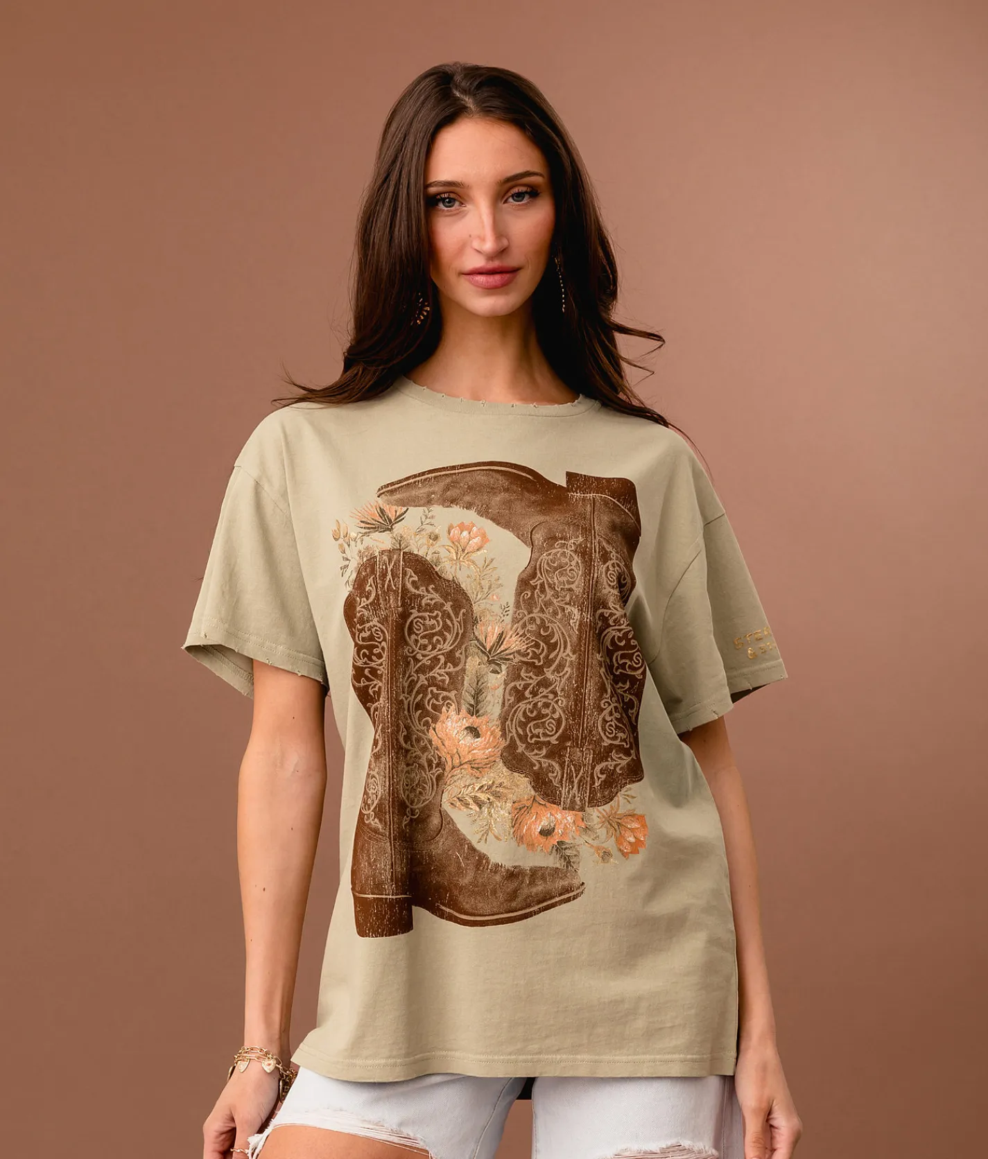 Tops | Sterling & Stitch Floral Western Boot Oversized T-Shirt Seagrass