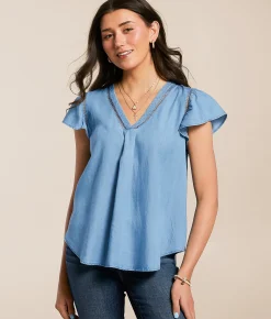 Blu Pepper Flowy Chambray Top Blue Discount