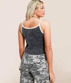 Miss Me Fluer De Lis Cropped Tank Top Charcoal Black Clearance