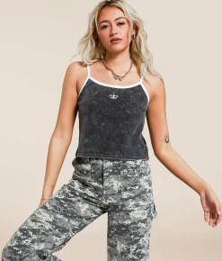 Miss Me Fluer De Lis Cropped Tank Top Charcoal Black Clearance