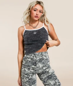 Miss Me Fluer De Lis Cropped Tank Top Charcoal Black Clearance