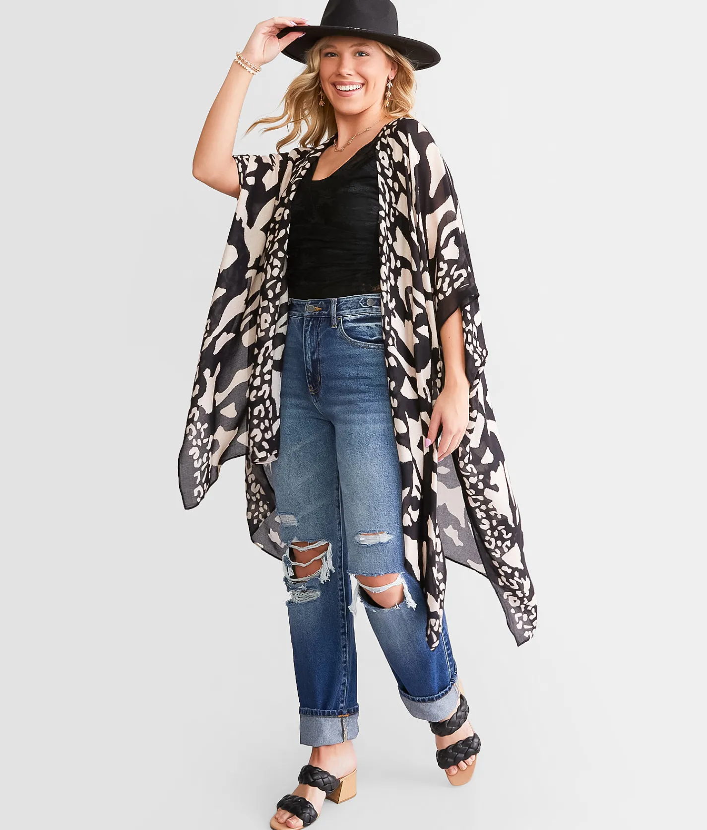 Angie Flyaway Kimono - One Size Black Tan Online