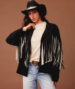 Sterling & Stitch Flyaway Two Tone Fringe Jacket Black Cream Outlet