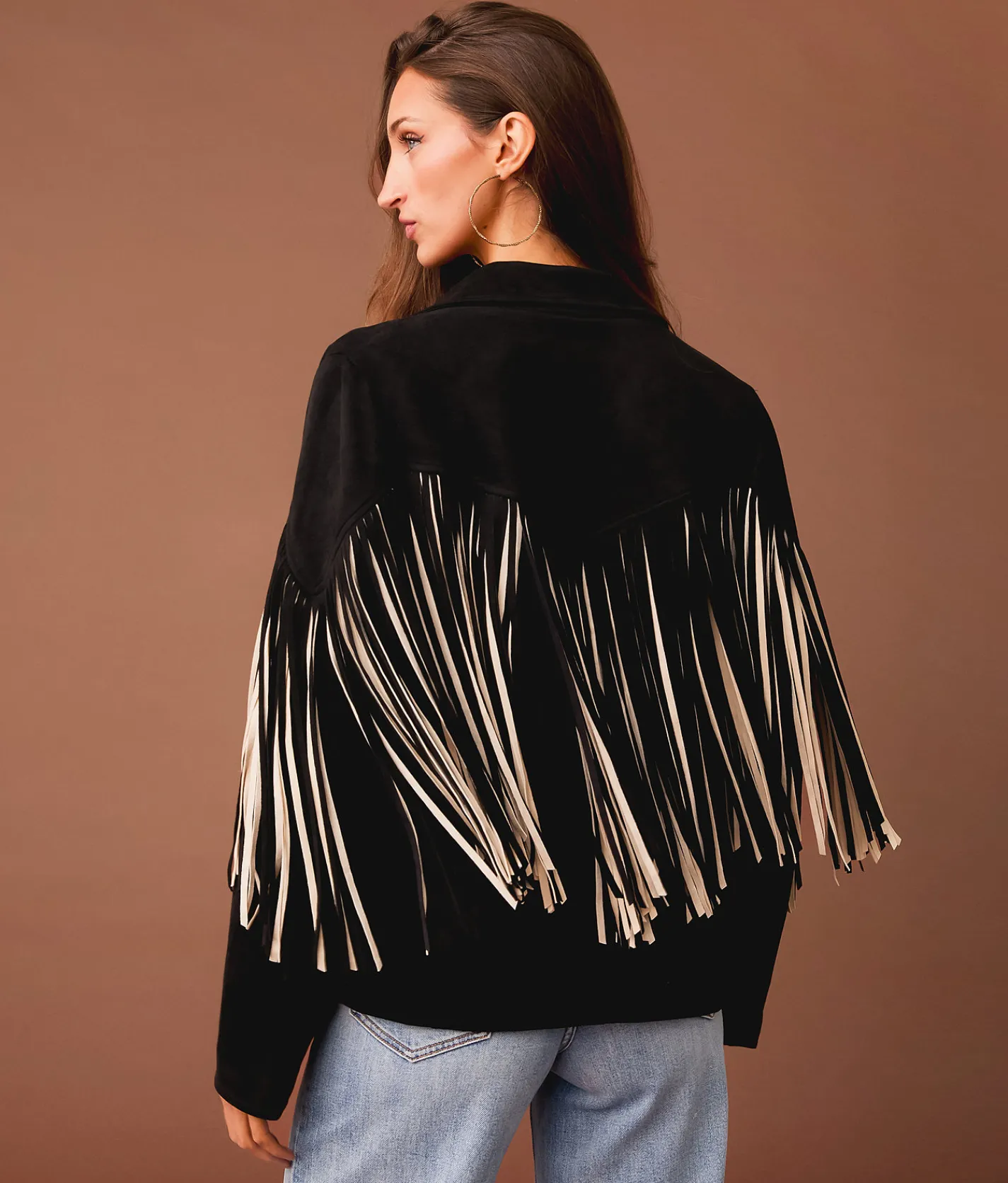 Sterling & Stitch Flyaway Two Tone Fringe Jacket Black Cream Outlet