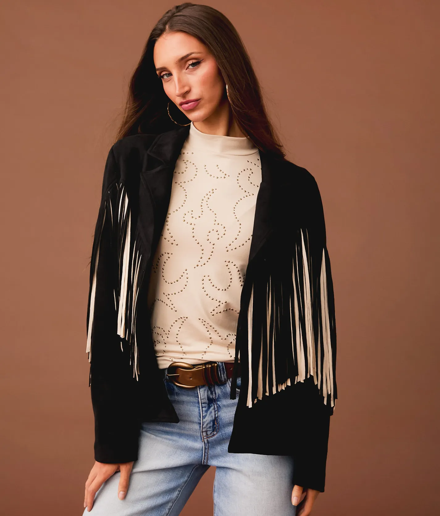 Sterling & Stitch Flyaway Two Tone Fringe Jacket Black Cream Outlet