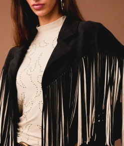 Sterling & Stitch Flyaway Two Tone Fringe Jacket Black Cream Outlet