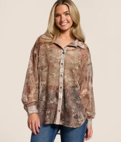 Tops | Daytrip Foiled Floral Mesh Blouse Cappuccino