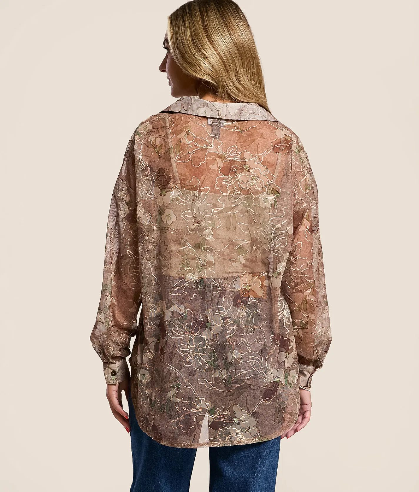 Tops | Daytrip Foiled Floral Mesh Blouse Cappuccino