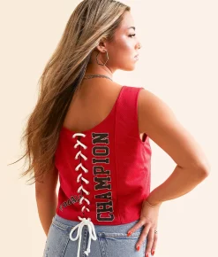 Goodie Two Sleeves Football Champion Back Tie Tank Top Chili Pepper Hot