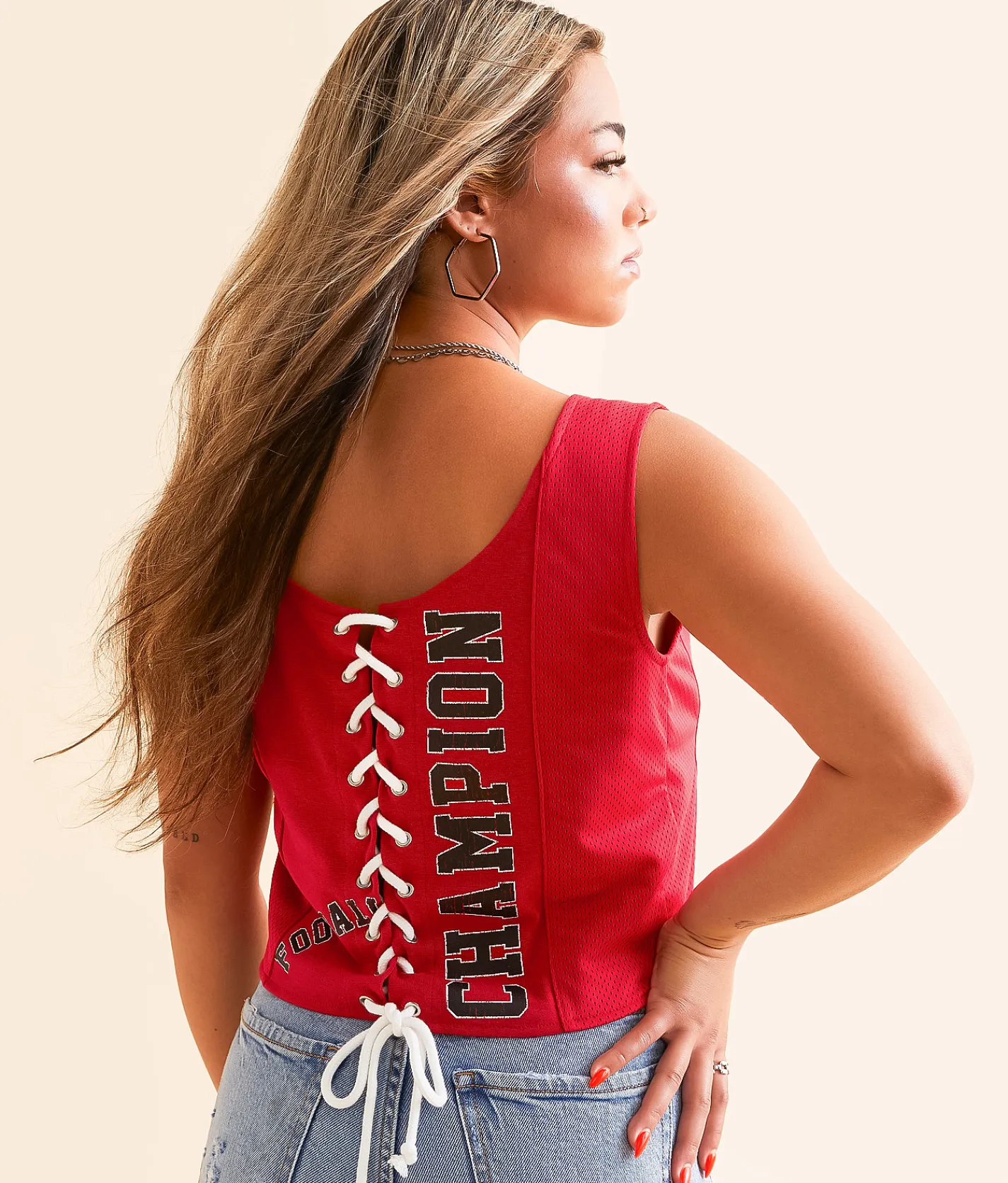 Goodie Two Sleeves Football Champion Back Tie Tank Top Chili Pepper Hot