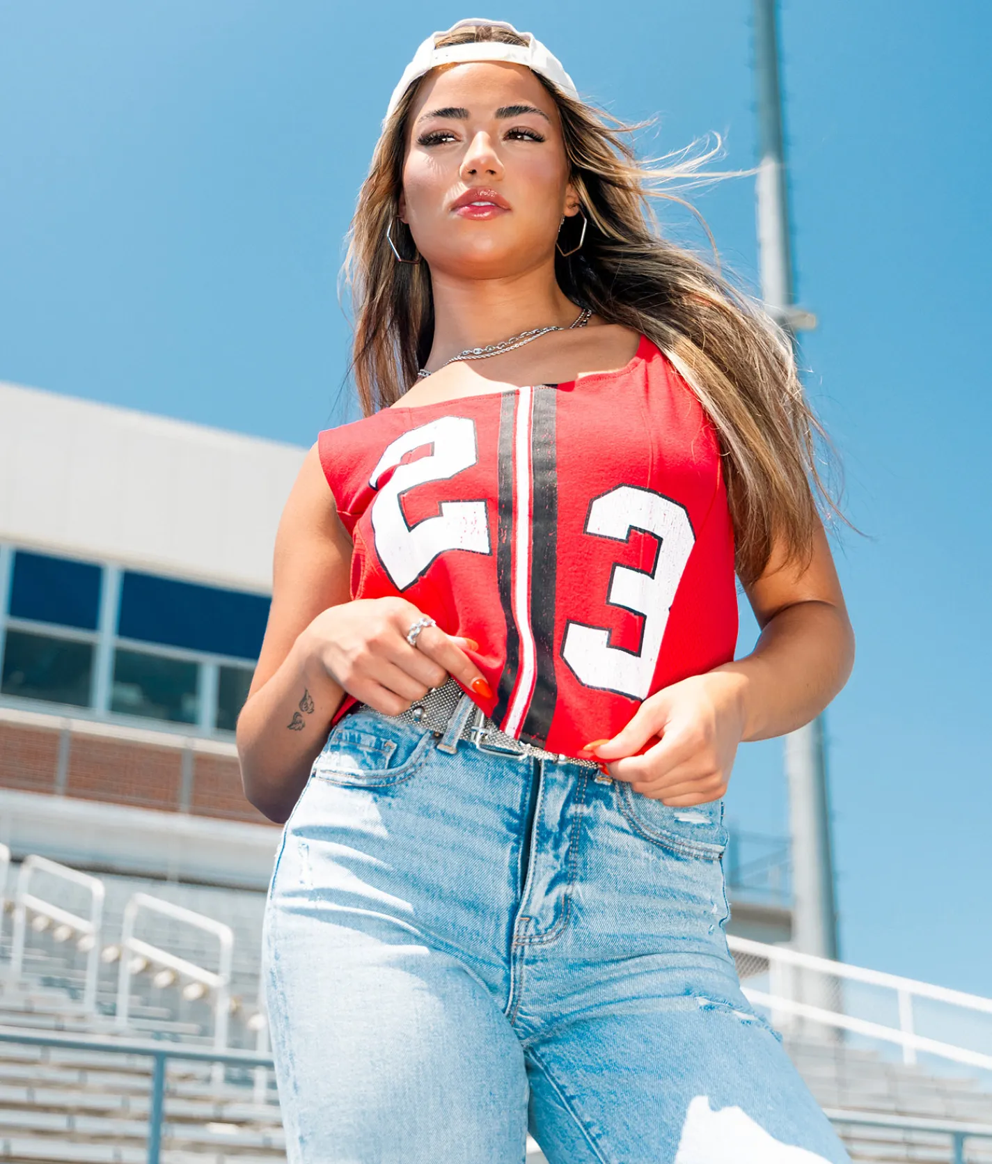 Goodie Two Sleeves Football Champion Back Tie Tank Top Chili Pepper Hot