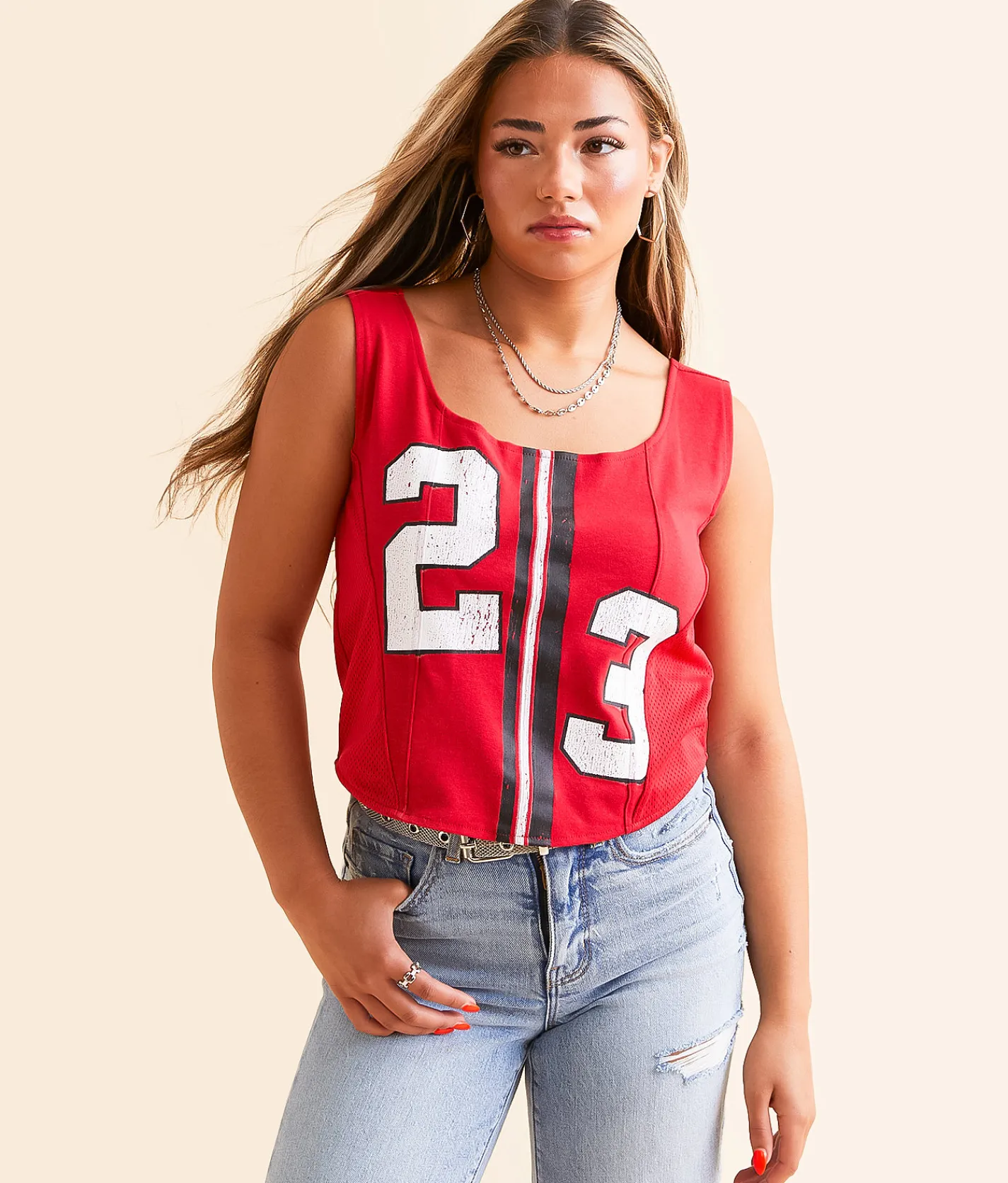 Goodie Two Sleeves Football Champion Back Tie Tank Top Chili Pepper Hot