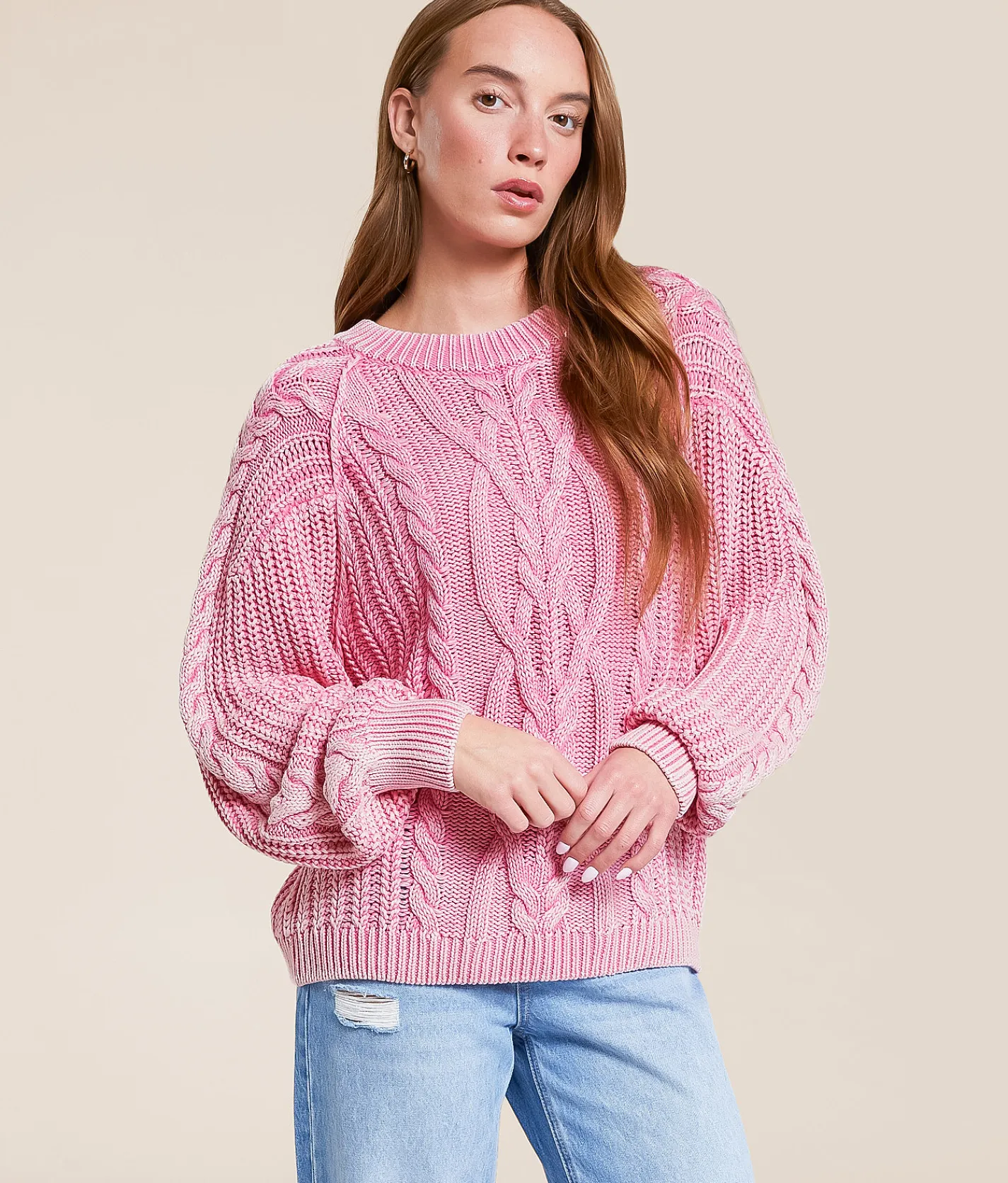 Free People Frankie Cable Knit Sweater Aurora Pink New