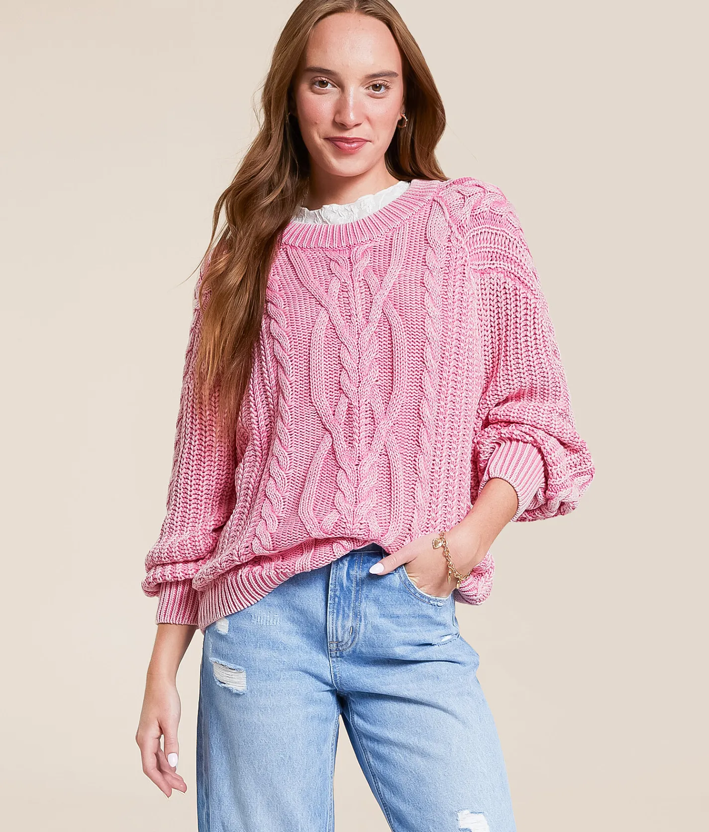 Free People Frankie Cable Knit Sweater Aurora Pink New