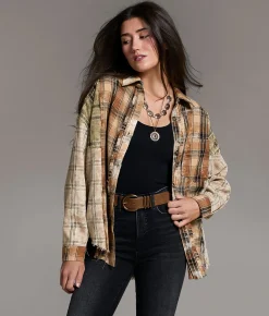BKE Frayed Flannel Boyfriend Shirt Brown New