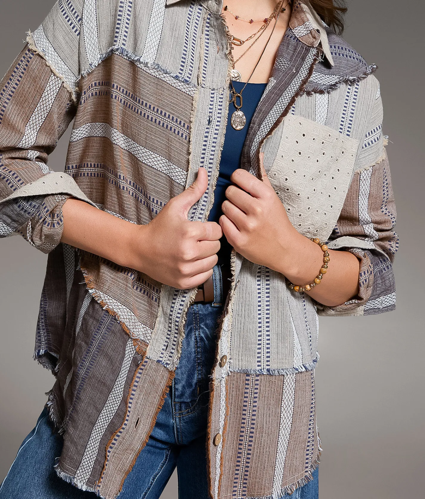 Tops | BKE Frayed Mixed Media Shirt Beige