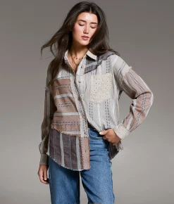 Tops | BKE Frayed Mixed Media Shirt Beige
