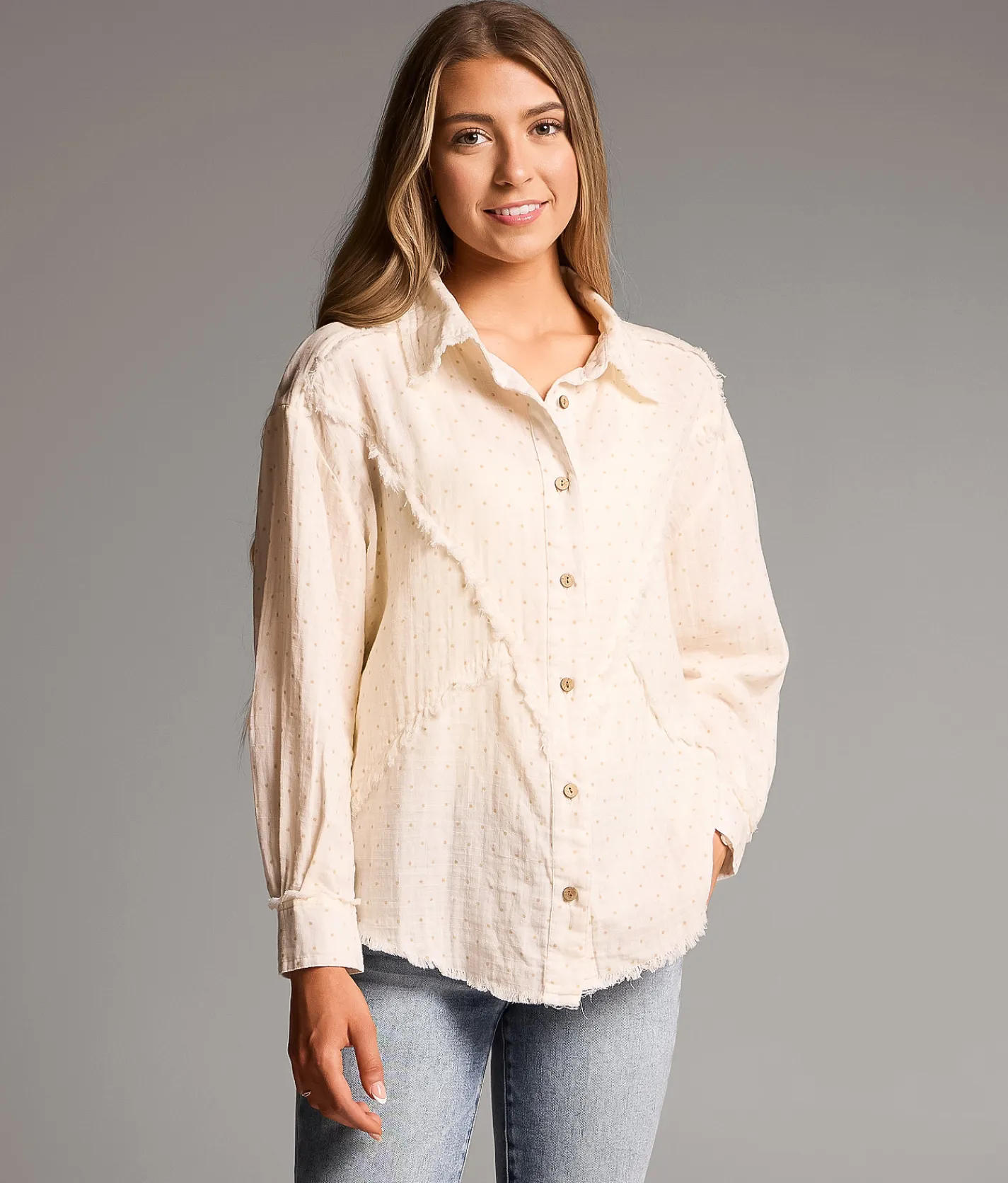 BKE Frayed Polka Dot Shirt White New