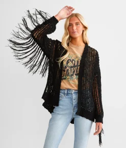 Peach Love California Fringe Cardigan Sweater Black Sale